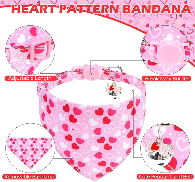 EXPAWLORER Valentines Cat Collar Breakaway with Bells - 2 Pack Holiday Cat Collars with Removable Bow Tie and Bandana, Adjustable Valentines Day Pet Collar for Cats Kittens, Pink Heart