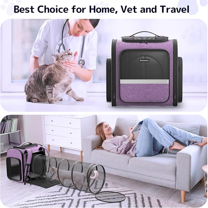Pawtners Cat Backpack Carrier with Play Tunnel, Large Dog Backpack with Breathable Mesh, Expandable Pet Carrier Backpack for Small Medium Kitten Puppy Up to 18 Lbs, Suitable for Travel Hiking Camping