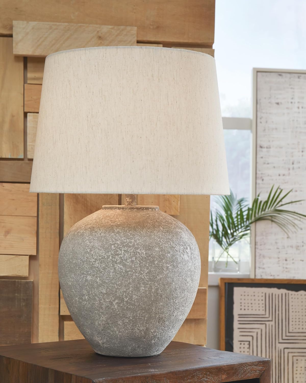Signature Design by Ashley Dreward Table Lamp, Distressed Faux Stone Look, Textured Metal and Paper Composite Construction, for Living Room Consoles and Bedside Decor, Distressed Gray, 26" Tall