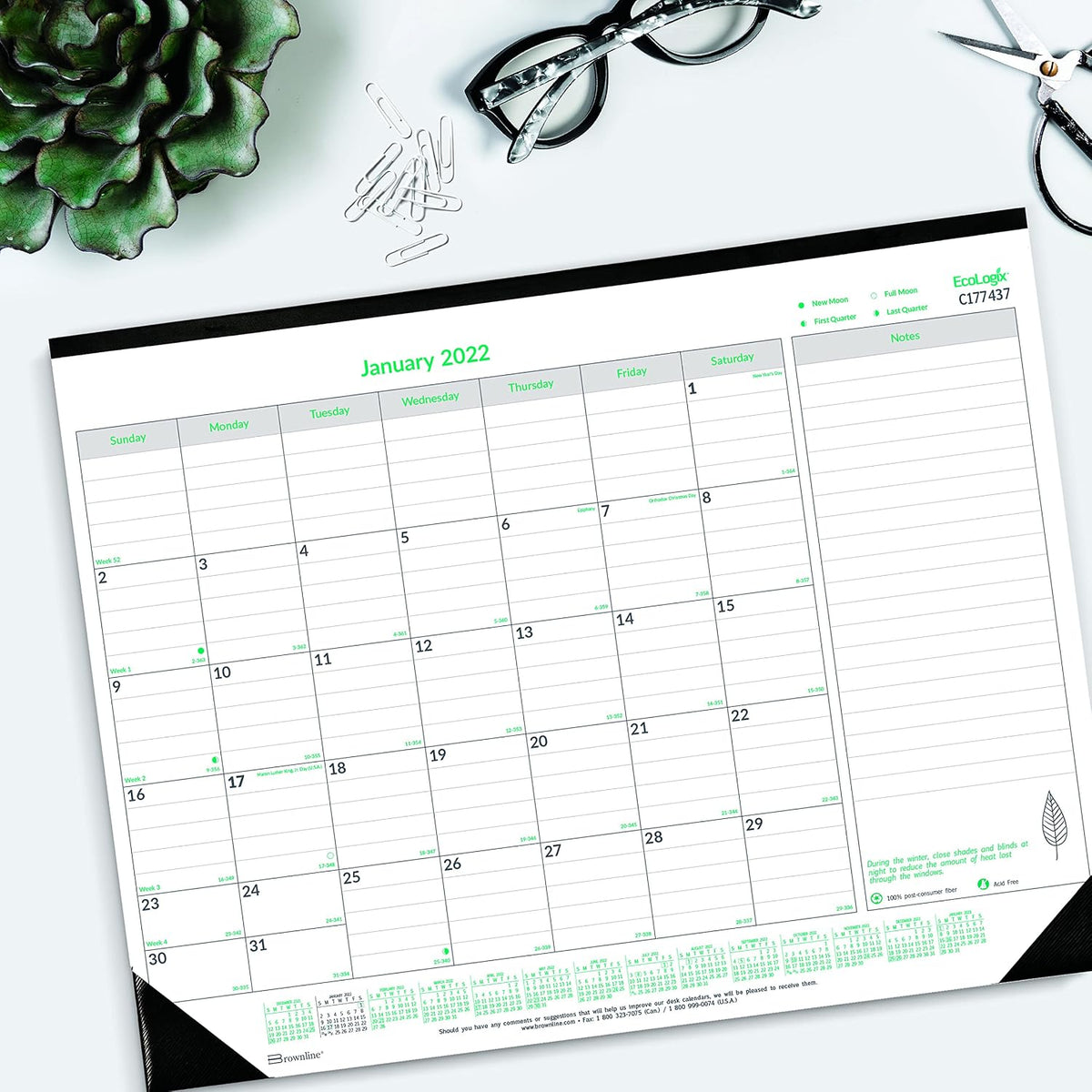 Brownline 2022 EcoLogix Monthly Desk Pad Calendar, 12 Months, January to December, 22" x 17", Recycled (C177437-22)