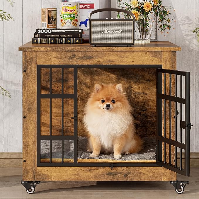 27.1" Dog Crate Furniture with Cushion and Wheels, Wooden Dog Kennel Indoor for Small Dogs, Farmhouse Pet Cage for Anxiety Dog, Rustic Brown (27.1" L x 17.9" W x 24.8" H)