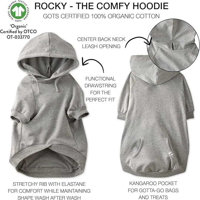 Rocky – The Orginal Lightweight Hooded TEE 100% Organic Cotton Dog Hoodie Pet Coat Sweater for Small, Medium, Large Dogs, Heather Gray, Small