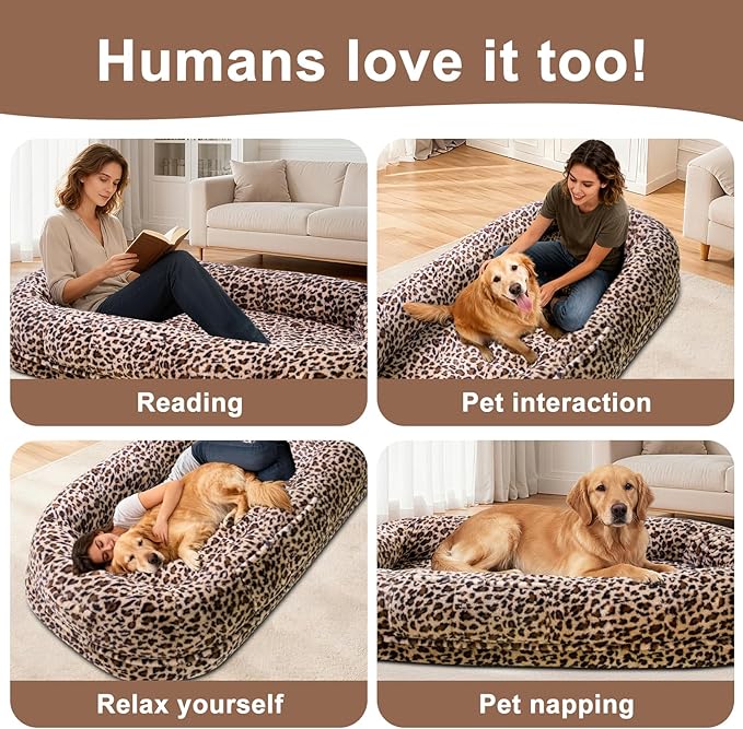 Human Dog Bed for Adult,70"x38"x10" Extra Large Human Pet Bed,Orthopedic Washable XL Dog Bed with Memory Foam (Leopard Print)
