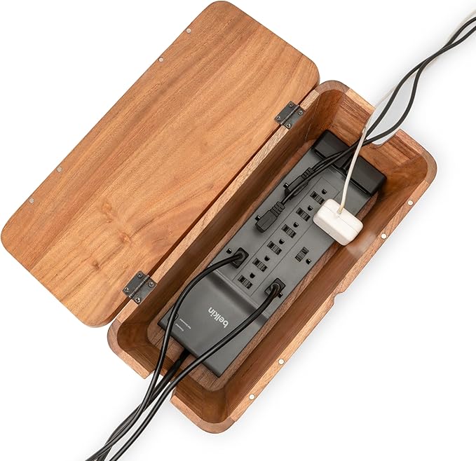 Extra Large Cable Management Box - Acacia Wood - Cable Organizer Box and Power Strip Box for Electrical Cord Management - Hide Desk Cord and Floor Cables - Wire Storage and Organization for Cords