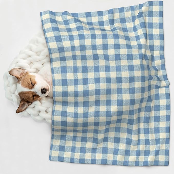 Waterproof Dog Blanket Soft Pet Blanket for Puppy Cat, Fleece Cat Throw Blankets for Furniture Bed Couch Sofa Reversible - Dusty Blue Gingham 1