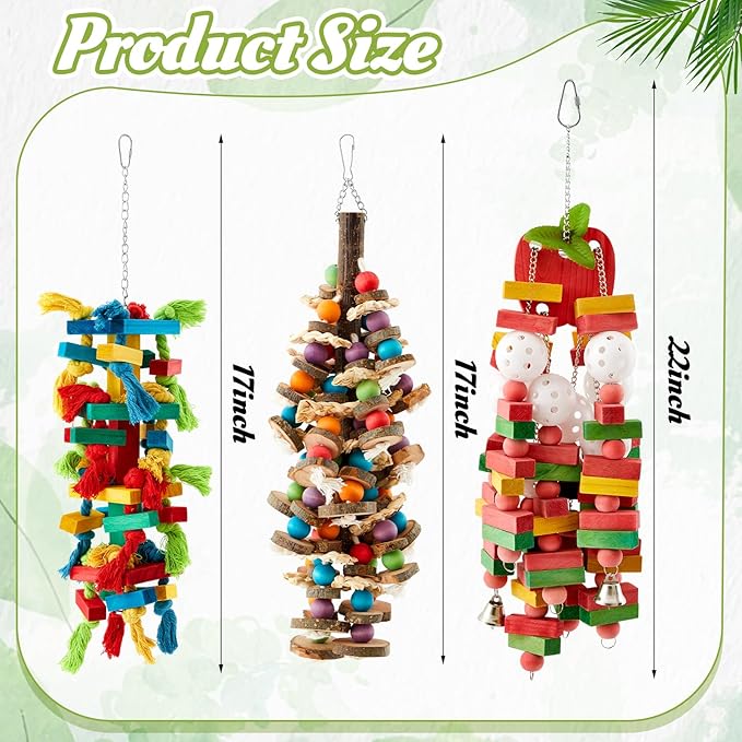 3 Pcs Extra Large Bird Parrot Toy Multicolored Natural Wooden Parrot Cage Chewing Toys for Large Medium Macaws Cockatoos African Grey Birds (Block and Ball)