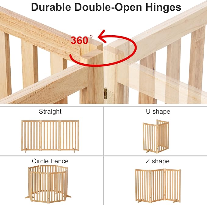 36" Height Extra Tall Freestanding Pet Gate, Solid Wood Folding Safety Fence Wooden Dog Gate with 2 PCs Support Feet Ideal for Stairs, Doorways, Halls, Kitchens, Heavy Duty Gates, 3 Panels, Oak