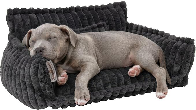 Grooved Pet Bed for Small to Medium Dogs or Cats, Soft Ribbed Corduroy-Style Polyester Fabric, Supportive Bolsters, Removable Cover, Non-Slip Base, Sofa Pet Lounger with Mini Play Cushion, Dark Gray