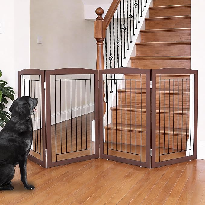 ZJSF Freestanding Foldable Dog Gate for House Extra Wide Wooden Brown Puppy Gate Stairs Dog Gates Doorways Tall Pet Gate 32 "Height 4 Panels Pet Fence
