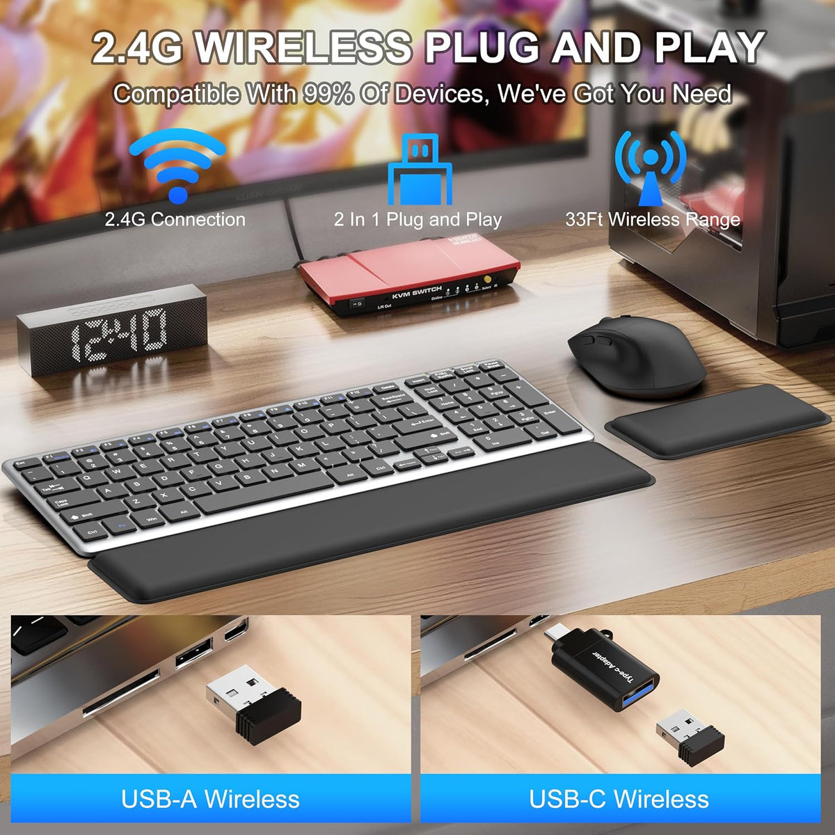 Ultra Slim Quiet Silent Wireless Keyboard and Mouse Combo with Magnetic Wrist Rest, Rechargeable Quiet Full-Size Keyboard and Mouse Combo Set Ultra Slim Design for Computer, Mac, Laptop, PC