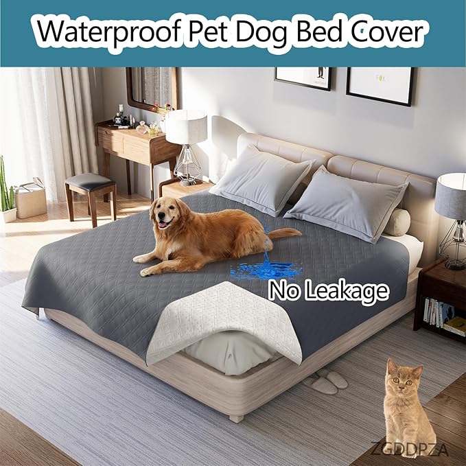 Dog Bed Cover Waterproof Microfiber Quilted Mattress Cover Pet Mat Silicon Non Slip 9 Size Furniture Protectors for Bed Sofa Couch (132 x 208 cm/52 x 82 in,Grey)