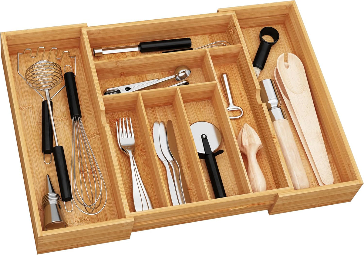 BAMEOS 3" Deepth Expandable Drawer Organizer, Deep Flatware Organizer, Adjustable Silverware Organizer, Bamboo Drawer Organizer for Kitchen, Bathroom (Natural)