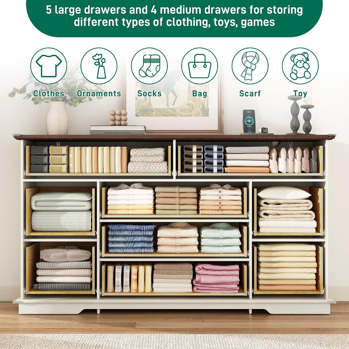 jiteentarou Farmhouse 9 Drawer Dresser for Bedroom,63” Wood Dresser & Chest of Drawers with Power Outlets,Large & Wide Dressers for Bedroom,Tall Storage Dresser Organizer(White)