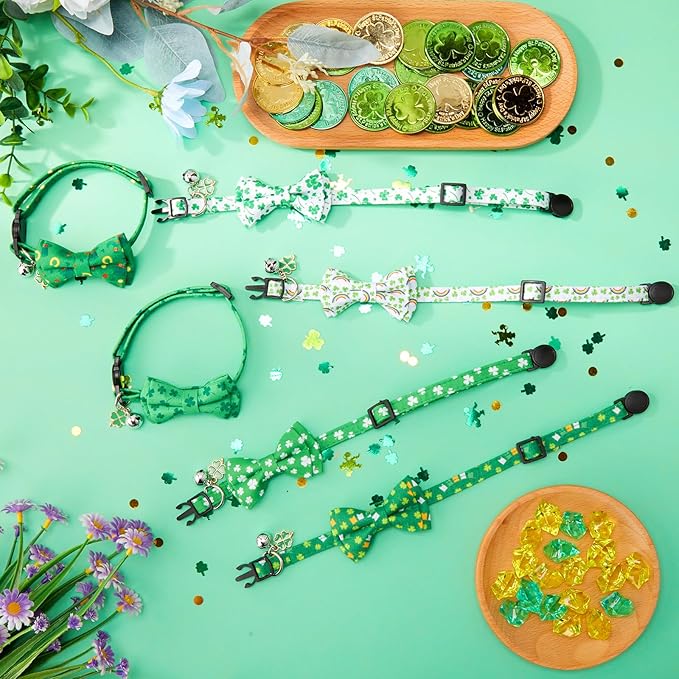 Hsei 6 Pcs St. Patrick's Day Cat Collar Bulk with Bow Tie Bell Irish Lucky Shamrocks Clover Green Hats Rainbows Kitten Adjustable Breakaway Bowtie Collar for Cats Small Dog Holiday Party Favors Gifts