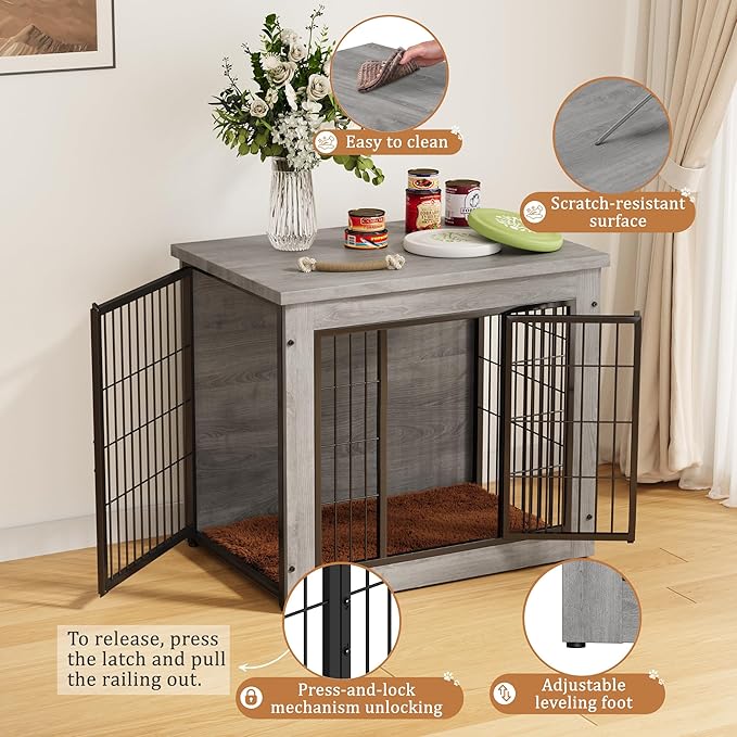 Greesum Modern Dog Crate Furniture That Doubles as a Side Table - Sturdy Wooden Kennel with Double Door Design, Equipped with Soft Cushion & Chew-Resistant Resign, Suitable for Dogs