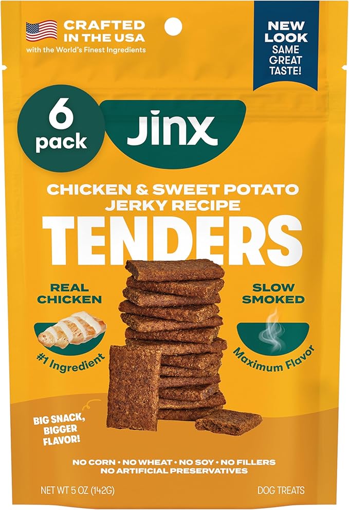 Jinx Tenders Chicken Jerky Dog Treats, All Natural Ingredients, Soft & Chewy, Low-Calorie, Slow-Smoked Chicken & Sweet Potato, No Fillers, 5oz, 6 Pack