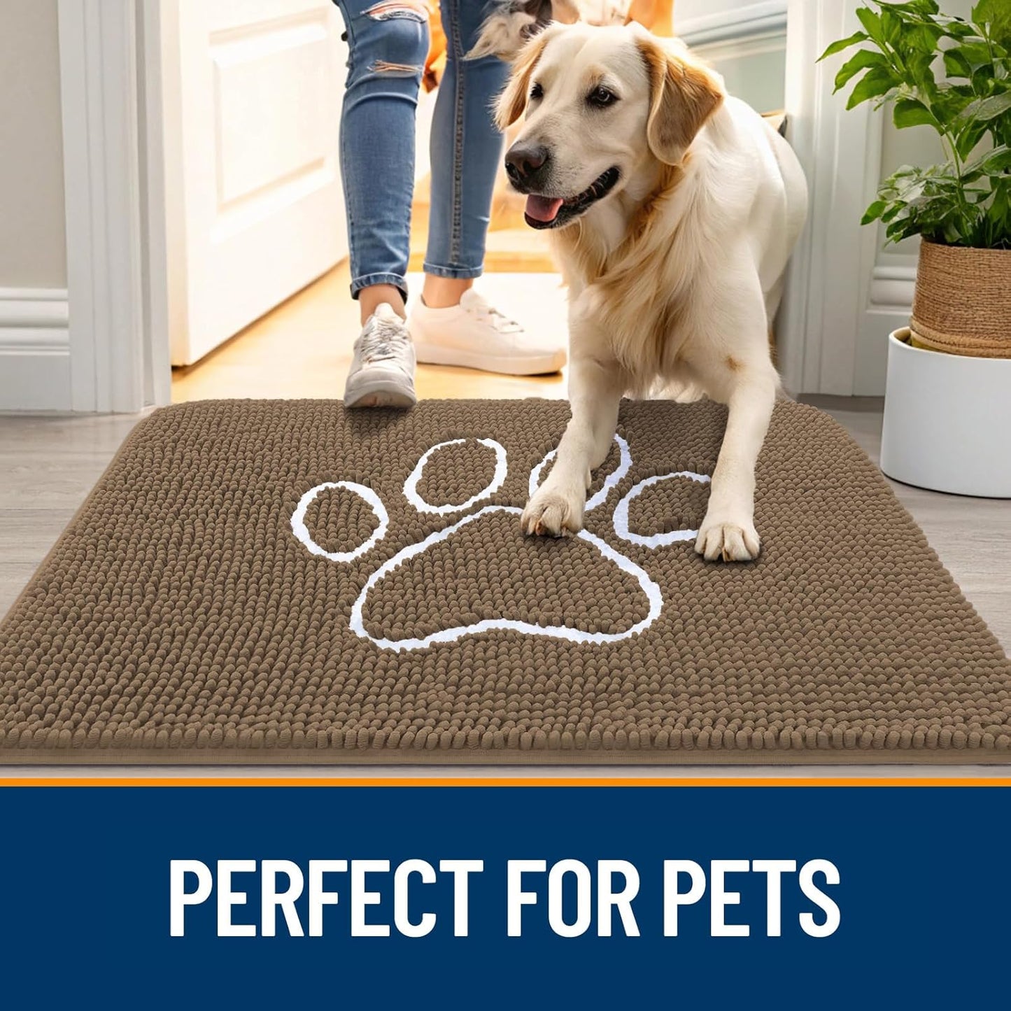 OLANLY Door Mat for Muddy Dog Paws 70x24, Ultra Absorbent Chenille Mud Doormat with Paw Print Design, Non-Slip Washable Doormat for Indoor Entryway, Quick-Dry Pet Bed Mats for Dirty Dogs, Tan
