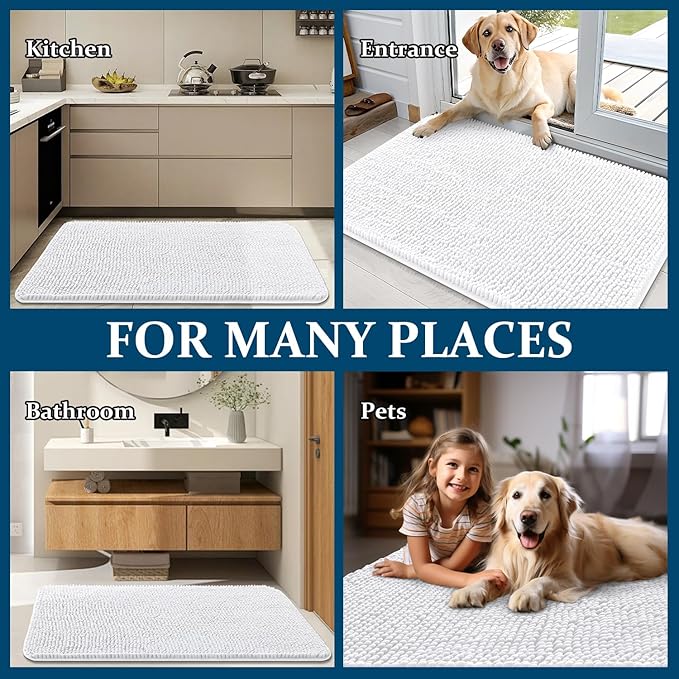 OLANLY Dog Door Mat for Muddy Paws 34x21, Absorbs Moisture and Dirt, Absorbent Non-Slip Washable Doormat, Quick Dry Chenille Mud Mat for Dogs, Entry Indoor Entryway Carpet for Inside Floor, White