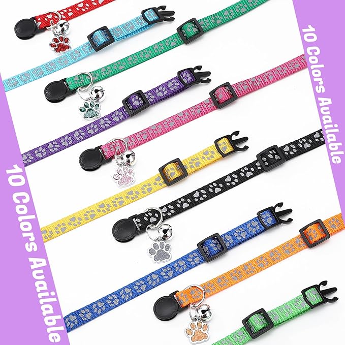 10Pcs Breakaway Cat Collars with Bell Paw Print Cute Adjustable Kitten Collars with Pendant Glow in The Dark