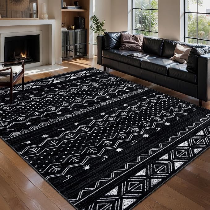 SERISSA 5x7 Area Rugs for Living Room, Washable Non-Slip Black and White Boho