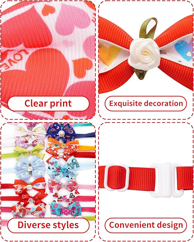 PET SHOW 50 Pack Valentines Day Adjustable Puppy Cats Small Dogs Bow Ties Collar for Holiday Party Bowties Neckties Pet Grooming Accessories Assorted Randomly