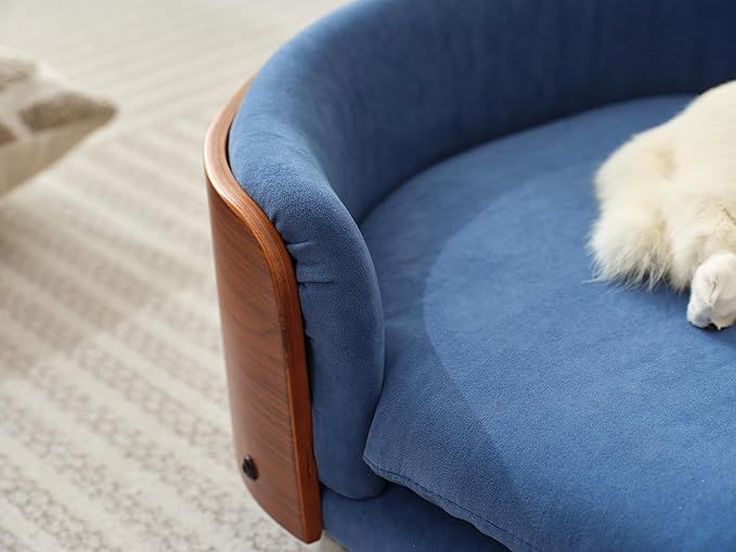 Scandinavian Style Elevated Dog Bed with Solid Wood Frame, Orthopedic Pet Sofa with Removable Washable Cover, Small Size Pet Furniture (Dark Blue + Brown)
