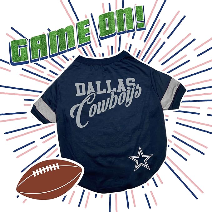 Pets First NFL Dallas Cowboys Dog & Cat T-Shirt, Small. Football Pet Shirt with Team Name & Logo, Striped Sleeves, Poly-cotton Material, Machine Washable