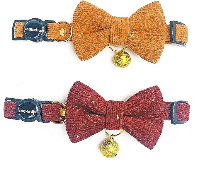Safety Quick Release Cat Collars, Soft Kitten Collars with Detachable Bow Tie and Bell, Pack of 2, Adjustable 20-30 cm