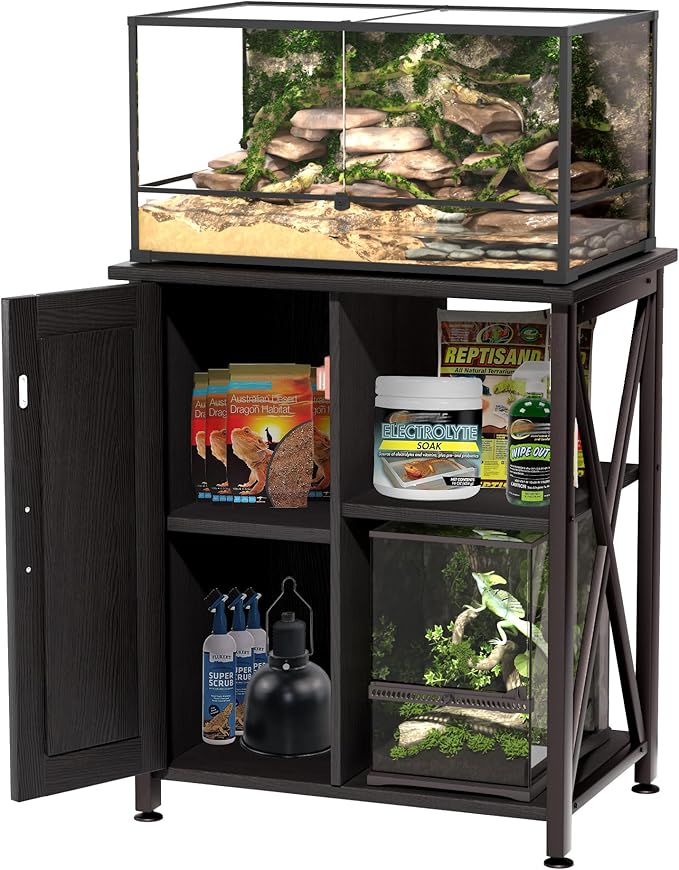 45-67 Gallon Reptile Tank Stand with Power Outlet, Terrarium Stand with Storage Cabinet, 24" Wx18 D Tabletop, Reptile Terrarium, Black PG12XYB