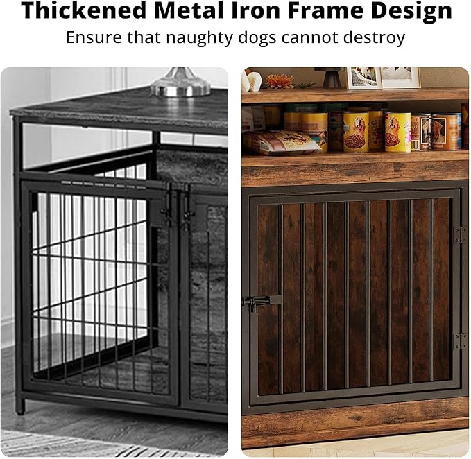 IRONCK Corner Wooden Dog Crate Furniture with 2-Tier Shelves, Pet Kennel for Large Dogs, Space-Saving Dog Cage for TV Stand, Rustic Brown (26.7" L x 51.2" W x 33.5" H)