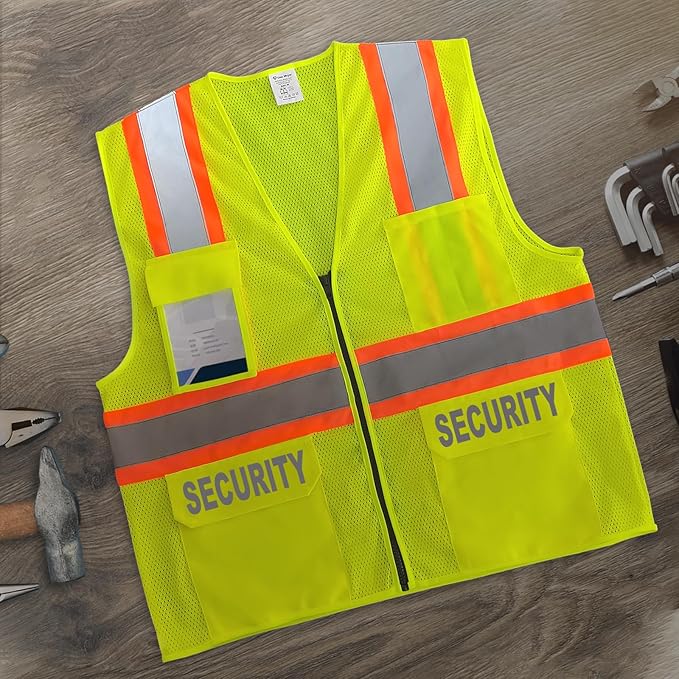 Security Vest for Men Women, Safety Vest with Pockets & Zipper, Neon Safety Work Wear with Reflective Strip, ANSI Compliant, Yellow, 3XL