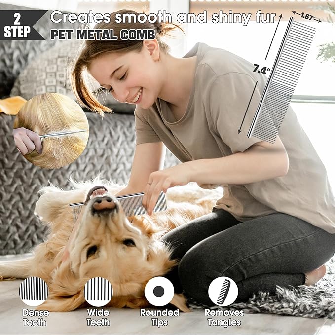 Dog Slicker Brush for Dogs Grooming Kit 4PCS | Large Dog Brush for Goldendoodles Poodles Doodles | Long Pin Haired Brush | Poodle Brushes and Comb (Blue)