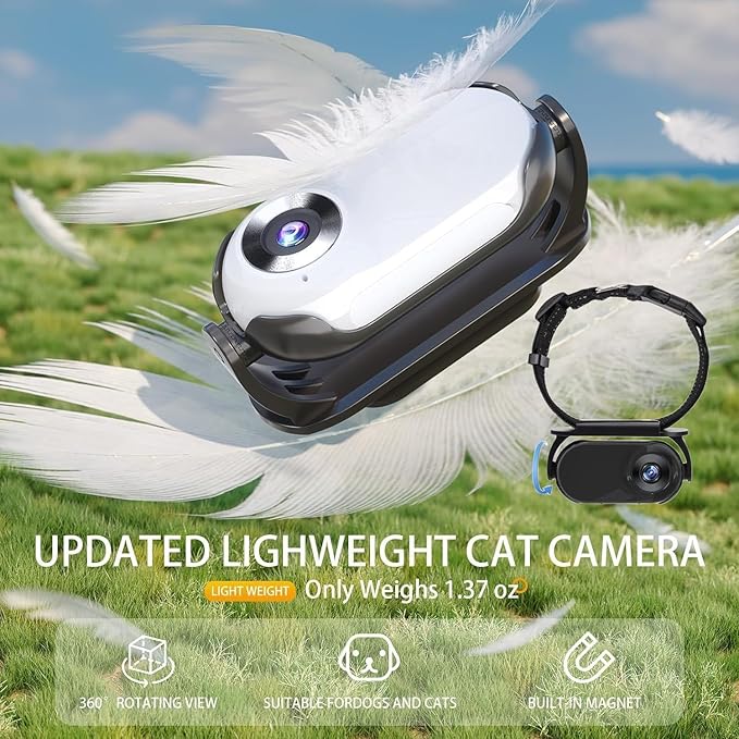 Cat Collar Camera, 1080p Pet Collar Camera, 170° Wide Angle Dog CollarCamera, Mini Ipx7 Waterproof CatsCamera, JPEG Photo and Avi Video Formats, CatCam Pro for Cats Dogs Outdoor (White)