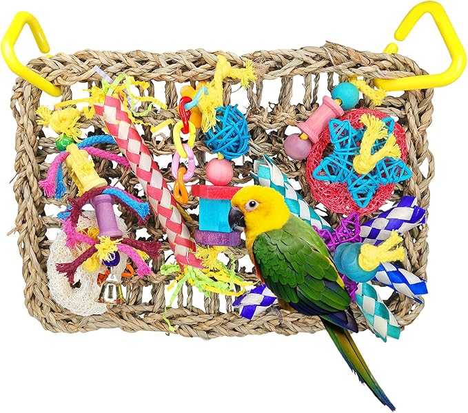 Fhiny Bird Foraging Toys, Parrot Chew Toys Seagrass Climbing Hammock Mat with Shredder Papers Wood Blocks Chewing Toys Suitable for Budgies Parakeets Love Birds