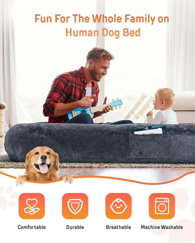 YEFU Human Dog Bed for Adult- Extra 79"x45"x12" Large Dog Beds - Human Size Dogs Bed Washable Faux Fur Cover - Orthopedic Foam Dogs Beds with for Sleep Nap in Bedroom Dark Grey