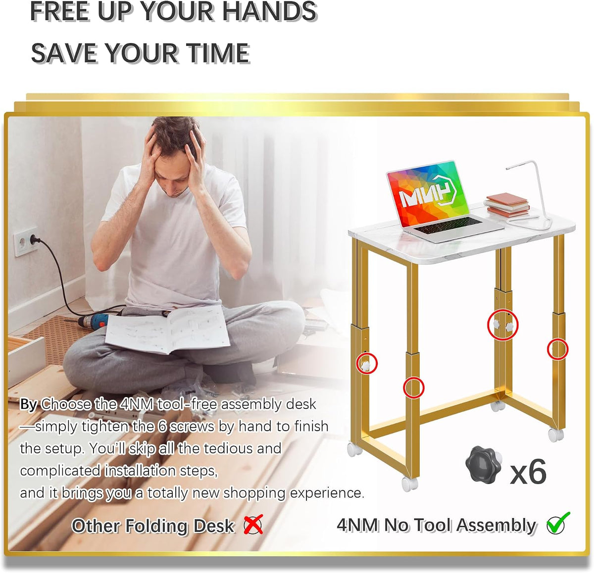 4NM No Tool Assembly 27.5" Small Desk, Folding Portable Desk with Wheels, Foldable Computer Home Office Desks, Collapsible Study Writing Table for Space Saving Bedroom - White Gold