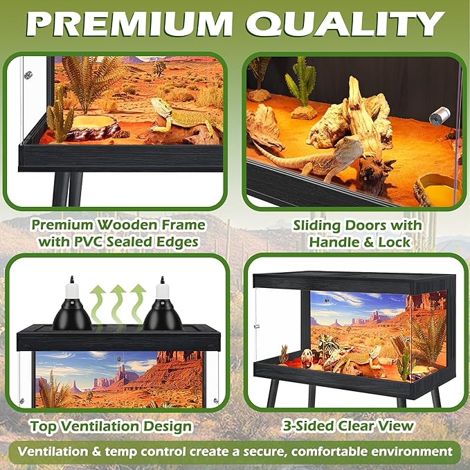 ROYXEN Bearded Dragon Tank with Leg Stand,Tempered Glass Reptile Tank with Metal Mesh Top, 3-Side Clear Anti-Scratch Glass Lizard Tank,Snake Tank for Reptile Habitat