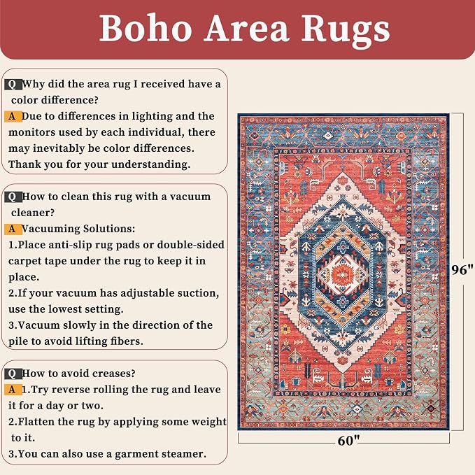 SERISSA 5x8 Area Rugs for Living Room, Large Washable Non-Slip Boho Rug