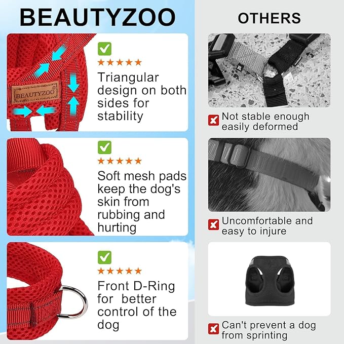 BEAUTYZOO No Pull Dog Harness Medium Sized Dog, Breathable Mesh Padded Dog Harness and Leash Set, Adjustable Reflective Escape Proof Dog Vest Harnessss Quick Fit for Training Walking, Red M