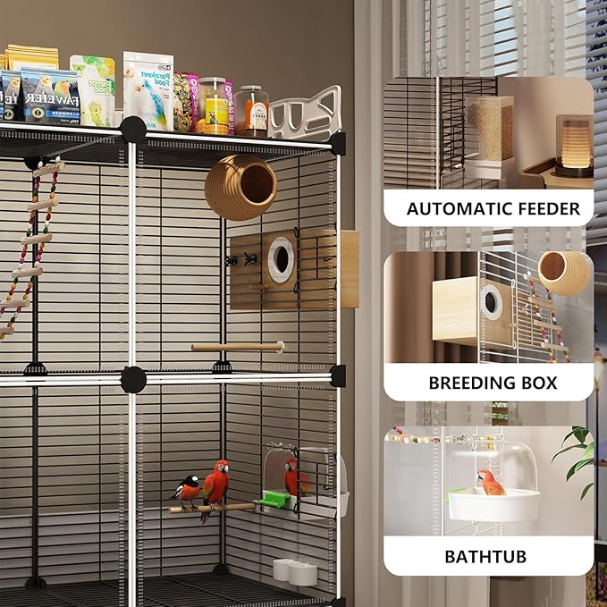 Large Parrot Cage with Acrylic Doors, 4 Casters, Perch & Feeder, Detachable Drawer, Ideal for Cockatiels, Budgies, Conures, Indoor/Outdoor Use – Spacious White Birdcage(Black,72 * 36 * 135)