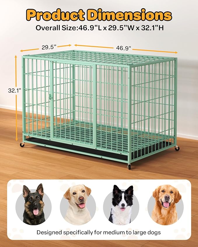 48 Inch Large Dog Crate, Escape Proof Dog Cage with Dual Door Lock and Swivel Casters,Removable Tray for Easy Cleaning, Dog Kennel Indoor Outdoor Use