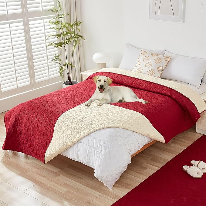 GIBZ Water Resistant Dog Bed Blanket Cover Large Anti Slip Pet Furniture Protector Washable Cat Quilted Mat for Couch, Red, 210x305cm