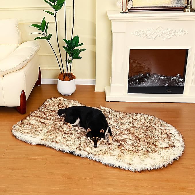 50 Inch Faux Fur Dog Bed for Large/Medium Dogs Orthopedic Beds with Fluffy Faux Fur & Soft Memory Foam for Joint Pain Relief, Machine Washable and Waterproof Dog Couch Beds White with Brown