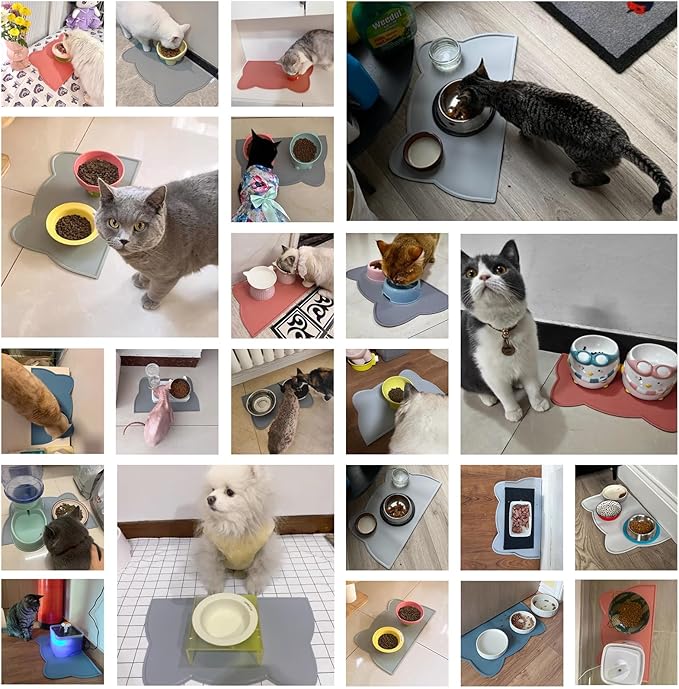 Cat Food Mat, Silicone Pet Feeding Mat for Floor Non-Slip Waterproof Dog Water Bowl Tray Cushion (17" x 10", Dark Gray)