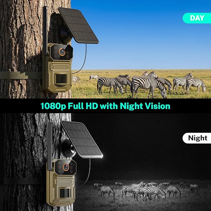 4G LTE Cellular Trail Camera with Solar Panel, 1080p Full HD Pet Cameras, Motion Detection, Live View, Night Vision, Two-Way Talk, IP65, Built-in SIM Card, Unlimited Plan (Sold Separately)