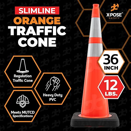 Xpose Safety 36 Inch Orange Slim Line Traffic Cones Heavy Duty 12lb with 6" & 4" Collars, 1 Pack Multipurpose PVC Plastic Safety Cone for Parking, Soccer, Caution, Kids & Construction - DOT Approved
