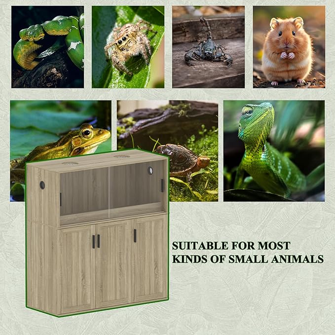 Terrarium Stand, Bearded Dragon Cage, Reptile Tank Stand Enclosure, Terrarium Table with Tempered Glass, Ventilation Holes and 2 Cabinets for Living Room, Light Oak Color