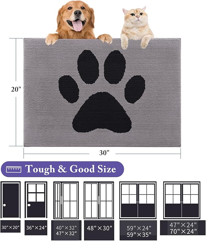Buganda Dog Door Mat for Muddy Paws, Absorbent Dirt Trapper Non Slip Indoor Doormats, Washable Low-Profile Mat for Mud Dogs, Entryway Carpet for Inside Floor (48x30 Inches, Grey)