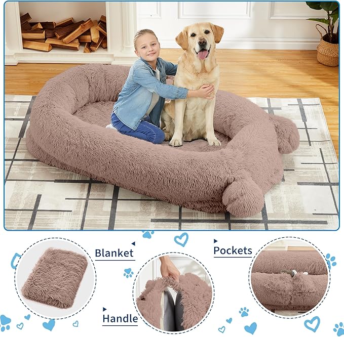 GarveeHome Human Sized Dog Bed, 71" x 45" x 12" Large Dog Bed with 2 Storage Pockets, Fluffy Faux Fur Orthopedic Pet Bean Bed for Adults & Giant Pets - Brown