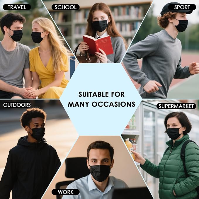NNPCBT Black Disposable Face Masks 125 Pack, 3-Ply Breathable Mask